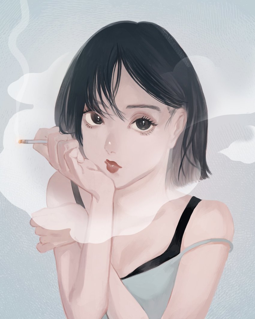 1girl black_eyes black_hair cigarette grey_background highres looking_at_viewer mu_mashu original parted_lips short_hair simple_background smoking solo strap_slip upper_body