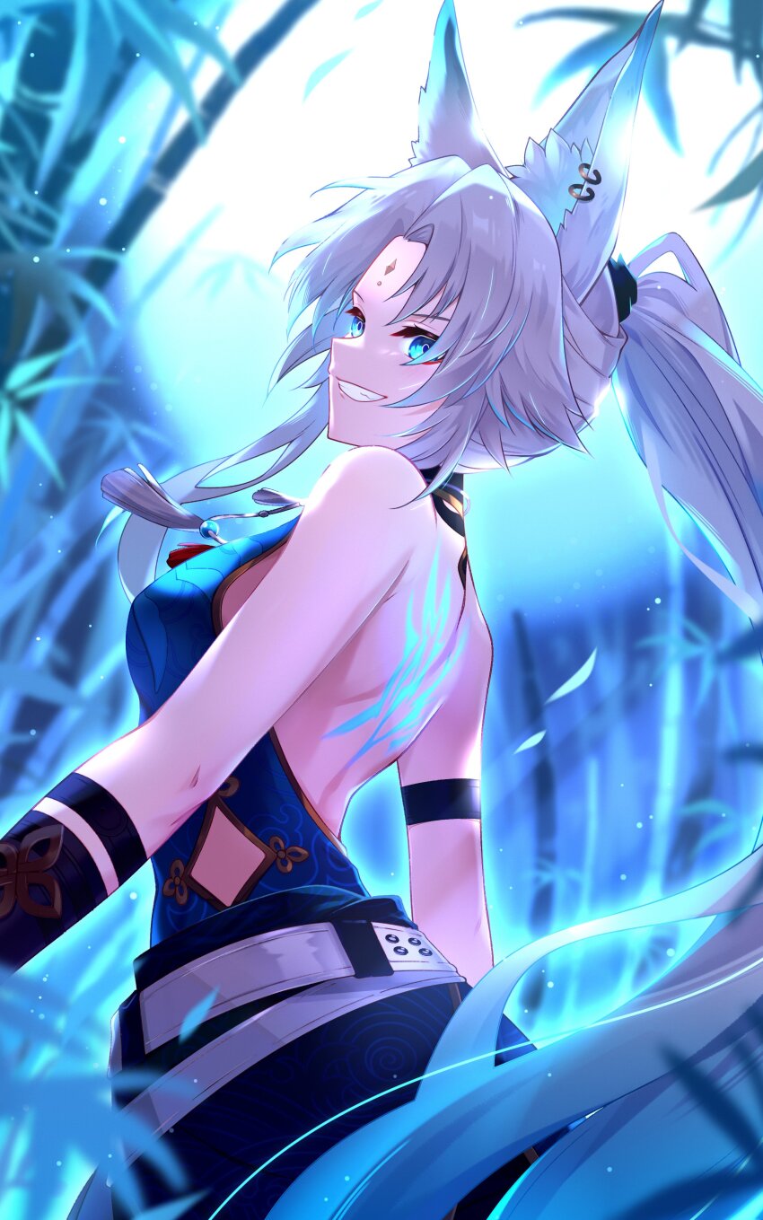 1girl absurdres animal_ear_fluff animal_ears back_tattoo backless_shirt bare_shoulders belt blue_eyes blue_shirt breasts clothes_around_waist commentary_request eyeliner feixiao_(honkai:_star_rail) forehead_jewel fox_ears fox_girl glowing_tattoo gradient_hair grin highres honkai:_star_rail honkai_(series) long_hair looking_at_viewer m-1ng makeup medium_breasts multicolored_hair no_coat parted_bangs ponytail red_eyeliner shirt smile solo tattoo very_long_hair white_belt white_hair