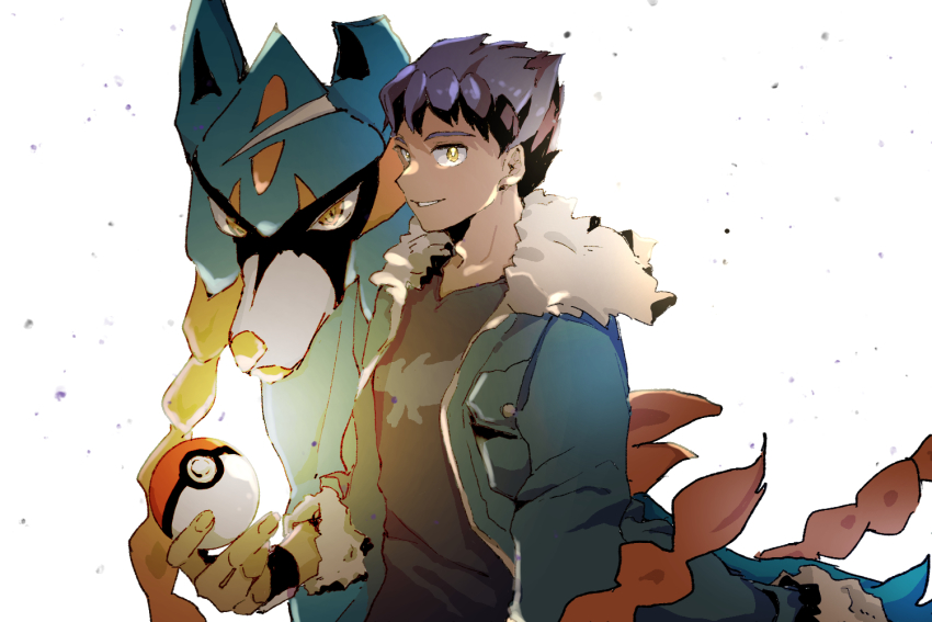 1boy anna_(anna962) bad_id bad_pixiv_id black_shirt blue_jacket commentary_request creatures_(company) dark-skinned_male dark_skin fur-trimmed_jacket fur_trim game_freak gen_8_pokemon hop_(pokemon) jacket legendary_pokemon male_focus nintendo open_clothes open_jacket parted_lips poke_ball pokemon pokemon_(creature) pokemon_swsh purple_hair shirt short_hair sleeves_past_elbows smile yellow_eyes zacian zacian_(hero)