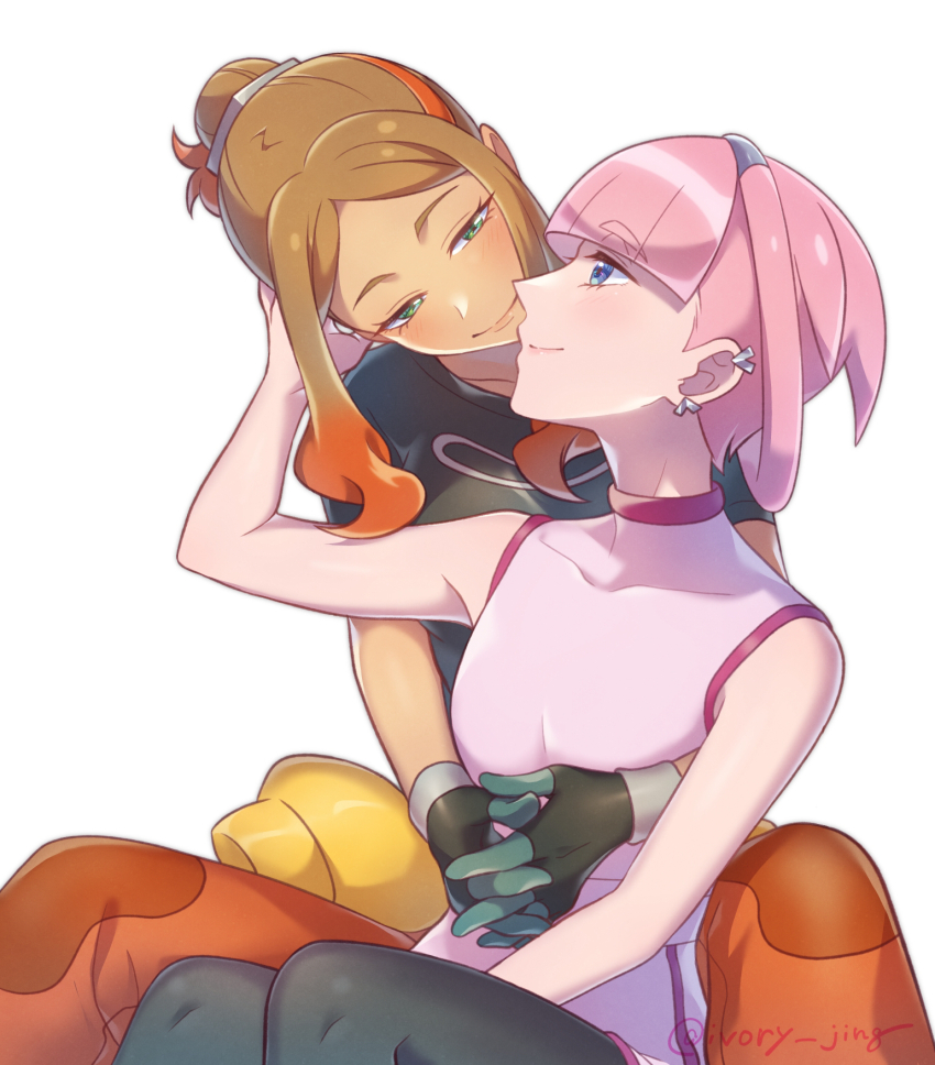 2girls artist_name blue_eyes brown_hair couple creatures_(company) ear_piercing eye_contact game_freak gloves green_eyes hair_bun hand_on_another&#039;s_head highres hug hug_from_behind ivory_(25680nico) long_hair looking_at_another medium_hair mollie_(pokemon) multiple_girls nintendo orla_(pokemon) pants pantyhose piercing pink_hair pokemon pokemon_(anime) pokemon_horizons shirt simple_background smile t-shirt white_background yuri