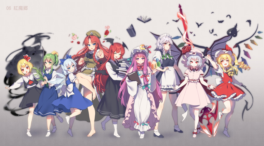 6+girls :d :o ^_^ barefoot bat_(animal) bat_wings blonde_hair blue_bow blue_dress blue_eyes blue_hair bobby_socks book bow braid china_dress chinese_clothes cirno closed_eyes commentary_request crystal daiyousei darkness dress embodiment_of_scarlet_devil fairy_wings flandre_scarlet frilled_skirt frills full_body gradient_background green_eyes green_hair hair_bow hajin hat head_wings highres hong_meiling izayoi_sakuya koakuma laevatein long_hair long_sleeves looking_at_viewer maid maid_headdress multiple_girls open_mouth patchouli_knowledge polearm puffy_short_sleeves puffy_sleeves purple_eyes purple_hair red_eyes red_hair remilia_scarlet rumia short_hair short_sleeves side_ponytail silver_hair simple_background skirt smile socks spear spear_the_gungnir standing standing_on_one_leg touhou twin_braids very_long_hair weapon white_legwear wide_sleeves wings