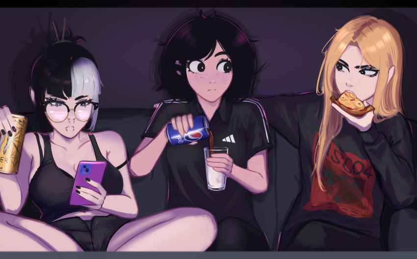 3girls absurdres adidas black_bra black_eyes black_hair black_sweater black_tank_top blonde_hair blunt_bangs bra breasts choker cleavage confused couch cup drink eating food freckles hair_ornament hair_stick highres holding holding_cup holding_drink holding_food holding_pizza indoors jessie_(veyonis) large_breasts lip_piercing long_hair looking_at_another looking_at_phone messy_hair mika_(veyonis) milk monster_energy multicolored_hair multiple_girls nervous nose_piercing on_couch open_fly original phone piercing pilk pizza pizza_slice polo_shirt pouring print_shirt screen_light shirt shorts spread_legs strap_slip sweater tank_top tomboy two-tone_hair underwear veyonis wide-eyed yuna_(veyonis)