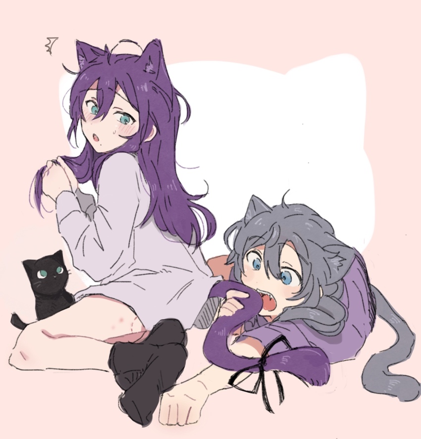 2boys androgynous animal_ears ayase_mayoi black_cat black_pants blue_eyes blush cat cat_boy cat_ears cat_tail ensemble_stars! grey_hair hair_down hickey highres long_hair long_sleeves low_ponytail male_focus multiple_boys open_mouth pants pink_background purple_hair purple_shirt shiina_niki shirt short_sleeves simple_background suzumoo tail white_shirt