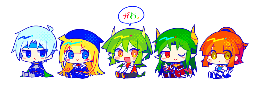 2boys 3girls arle_nadja armor black_pants blonde_hair blue_eyes blue_footwear blunt_bangs blush blush_stickers boots breastplate bright_pupils brown_eyes brown_hair c: cape chibi chibi_only china_dress chinese_clothes closed_mouth demon_boy demon_horns demon_wings detached_sleeves draco_centauros dragon_girl dragon_horns dragon_tail dragon_wings dress elbow_gloves fang gloves green_hair grey_hair headband high_heel_boots high_heels highres horns long_hair long_sleeves multiple_boys multiple_girls offbeat one_eye_closed open_mouth pants pointy_ears puyopuyo red_dress red_eyes satan_(puyopuyo) schezo_wegey short_hair short_ponytail short_sleeves simple_background sitting sleeveless sleeveless_dress smile speech_bubble tail translated v white_background white_pupils wings witch_(puyopuyo)