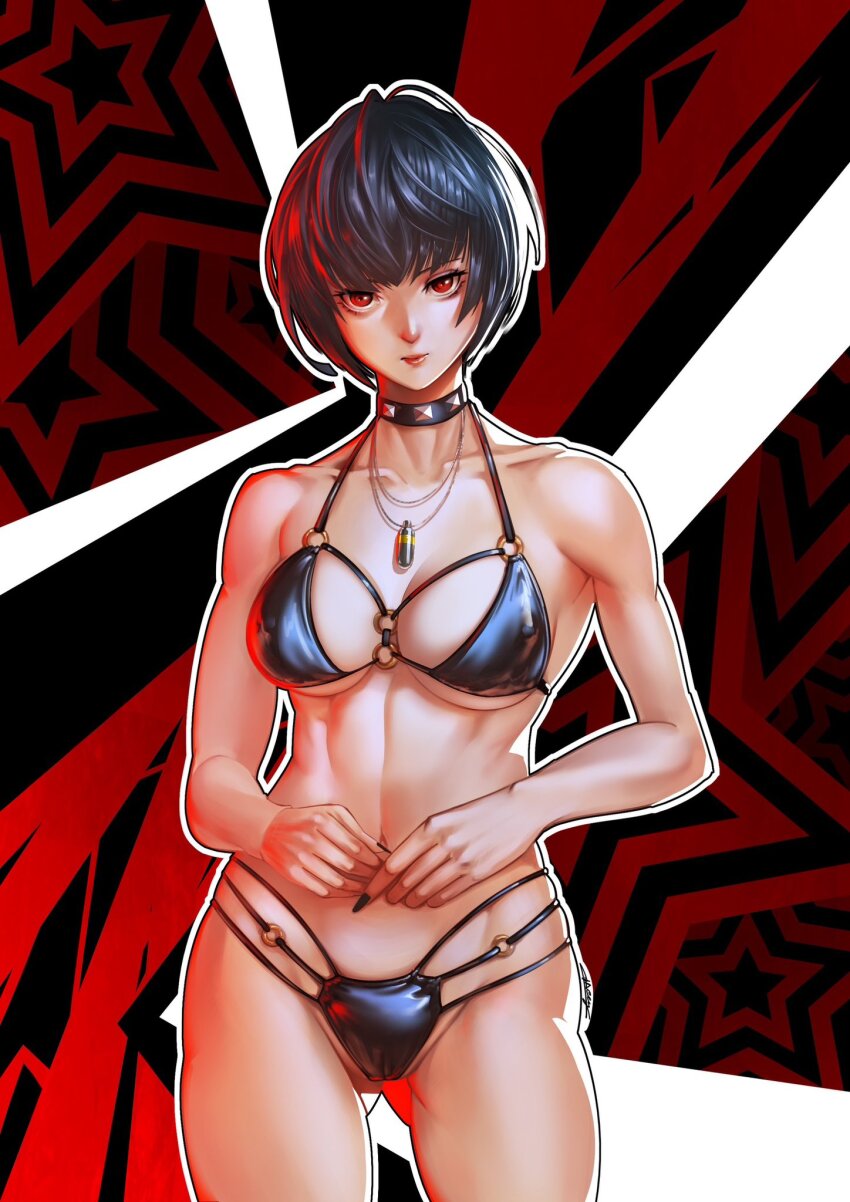 1girl bikini blue_hair breasts choker female_focus gluteal_fold highres jewelry looking_at_viewer medium_breasts multi-strapped_bikini_bottom nail_polish necklace nemodecy pendant persona persona_5 red_eyes short_hair solo swimsuit takemi_tae underboob