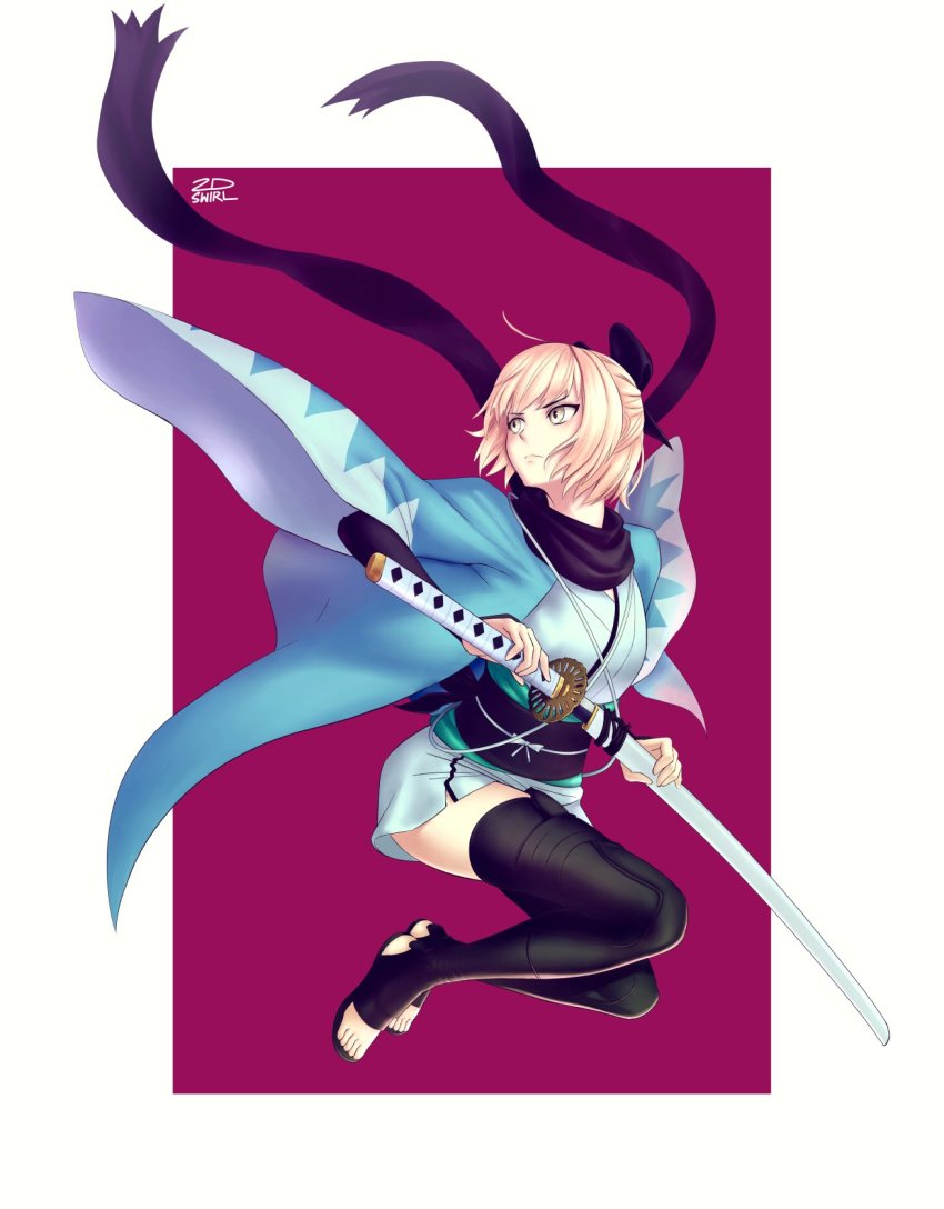 1girl 2dswirl blue_coat coat fate/grand_order fate_(series) full_body haori highres japanese_clothes okita_souji_(fate) okita_souji_(koha-ace) scabbard scarf sheath sword thighhighs thighs toes weapon yellow_eyes