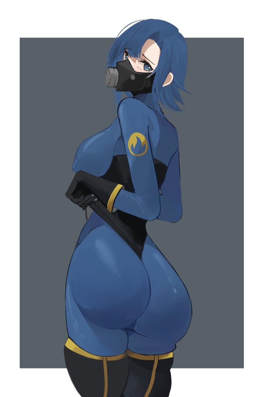 1girl ass black_footwear black_gloves blu_pyro_(tf2) blue_bodysuit blue_eyes blue_hair bodysuit boots border breasts commentary covered_erect_nipples gas_mask genderswap genderswap_(otf) gloves grey_background highres impossible_bodysuit impossible_clothes large_breasts looking_at_viewer looking_back mask nuggetkouhai pyro_(tf2) respirator short_hair solo symbol-only_commentary team_fortress_2 thigh_boots white_border