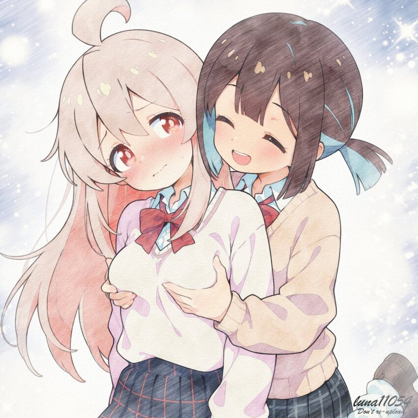 2girls :d ahoge artist_name blush bow bowtie breasts brown_eyes brown_hair commentary_request grabbing_another&#039;s_breast groping hair_between_eyes highres hozuki_momiji long_sleeves luna11054 medium_breasts multiple_girls onii-chan_wa_oshimai! open_mouth oyama_mahiro pink_hair plaid_clothes plaid_skirt pleated_skirt red_bow red_bowtie short_ponytail skirt smile yuri