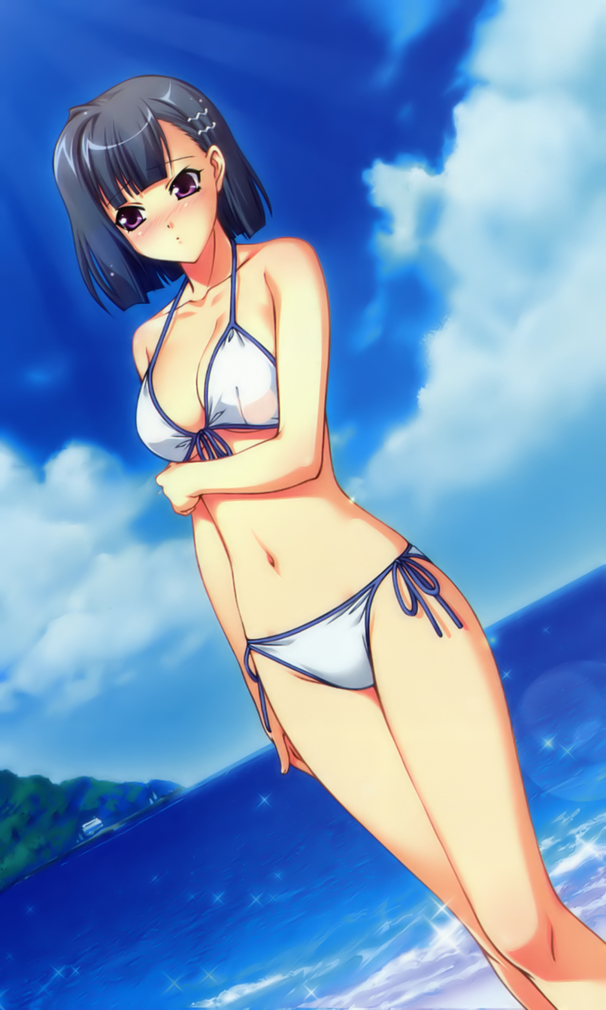 1girl absurdres aoi_shiro bikini blush breasts cleavage cloud day female_focus front-tie_top hair_ornament hairclip hal highres medium_breasts navel osanai_shouko purple_eyes short_hair side-tie_bikini_bottom sky solo sparkle swimsuit water yasaka_minato