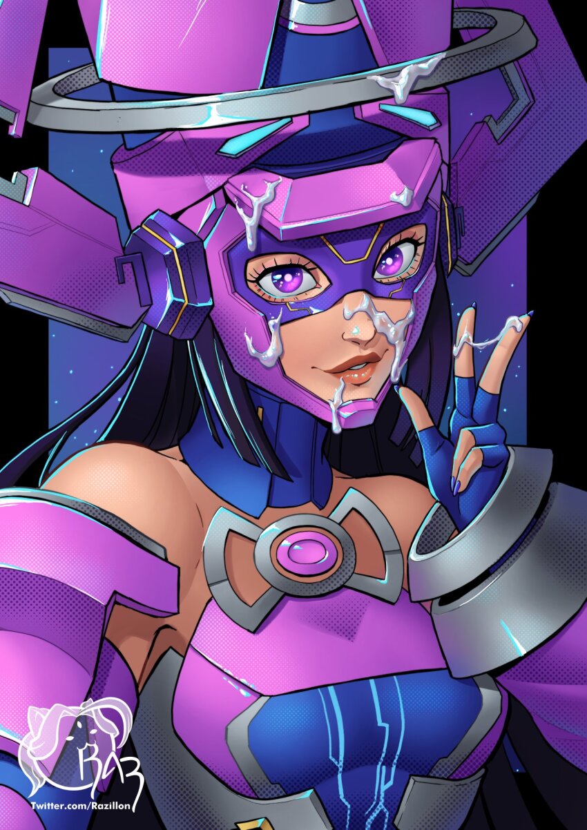 black_hair cum cum_on_body cum_on_headwear detached_sleeves facial fingerless_gloves galacta gloves helmet highres lips long_hair marvel marvel_rivals purple_eyes purple_helmet razillon strapless