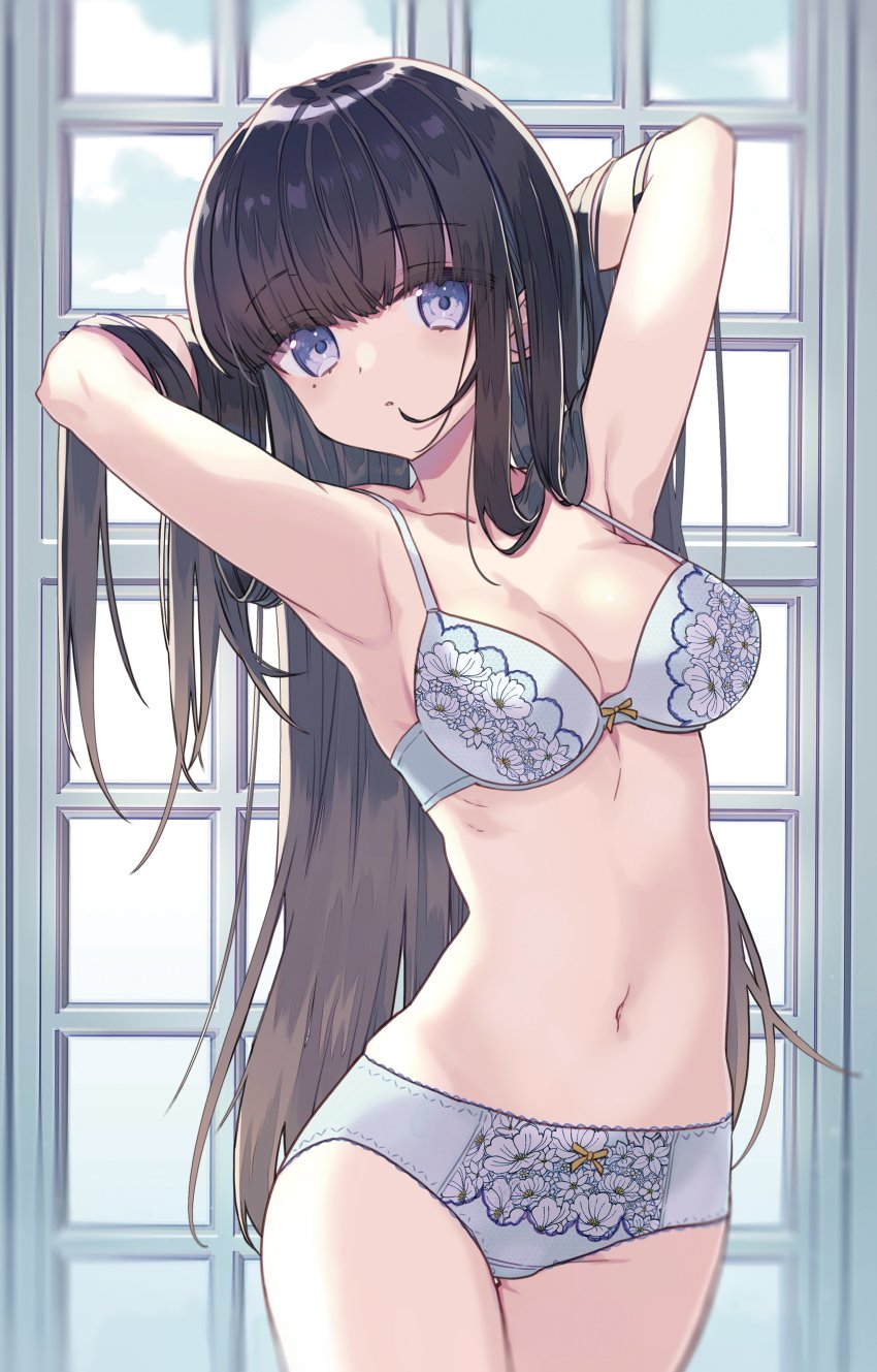 1girl absurdres armpits arms_behind_head arms_up bare_shoulders black_hair bra breasts cleavage collarbone cowboy_shot crotch_seam grey_bra grey_panties highres long_hair looking_at_viewer medium_breasts miyoshino mole mole_under_eye navel original panties parted_lips purple_eyes sidelocks solo stomach underwear underwear_only very_long_hair