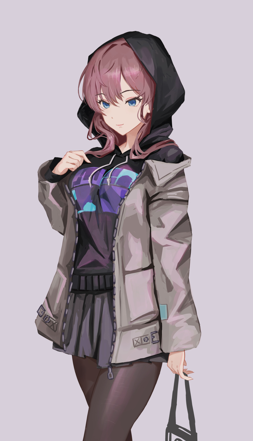 1girl absurdres black_hoodie black_skirt blue_eyes brown_hair brown_jacket highres hood hood_up hoodie ichinose_shiki idolmaster idolmaster_cinderella_girls jacket jacket_partially_removed open_clothes open_jacket pantyhose qingli_ye skirt smile solo