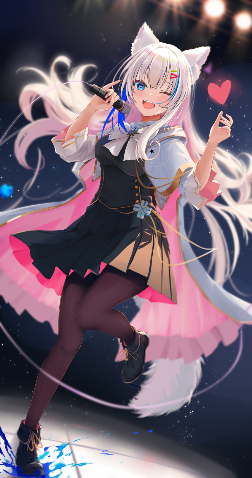 1girl ;d absurdres animal_ear_fluff animal_ears black_dress black_footwear blue_eyes blush breasts cape commentary_request dasiu dress full_body grey_hair hair_ornament hairclip hands_up heart heart_in_eye highres holding holding_microphone long_hair looking_at_viewer medium_breasts meridian_project microphone mizuki_(vtuber) nail_polish neck_ribbon one_eye_closed open_mouth pleated_skirt red_thighhighs ribbon shoes short_sleeves skirt smile solo standing standing_on_one_leg symbol_in_eye tail thighhighs virtual_youtuber white_cape white_ribbon