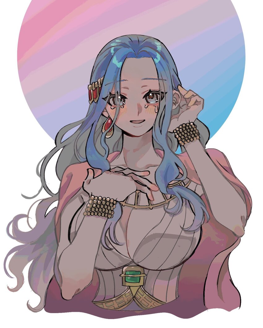 1girl bakakokithakan blue_eyes blue_hair breasts cape cleavage crying crying_with_eyes_open dress earrings hand_on_own_chest happy_tears highres jewelry large_breasts long_hair looking_at_viewer nefertari_vivi one_piece open_mouth pink_cape smile solo tears wiping_tears