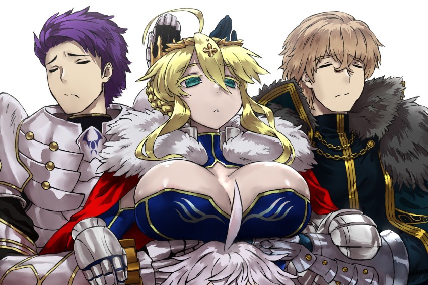 1girl 3boys ahoge artoria_pendragon_(fate) artoria_pendragon_(lancer)_(fate) blonde_hair blue_leotard braid breasts cape cleavage closed_eyes closed_mouth crown doodle fate/grand_order fate_(series) french_braid fur-trimmed_cape fur_trim gawain_(fate) green_eyes hair_between_eyes haraya_manawari knights_of_the_round_table_(fate) lancelot_(fate/grand_order) large_breasts leotard meme merlin_(fate) multiple_boys parody purple_hair servants_holding_aphrodite&#039;s_breasts_(meme) shuumatsu_no_valkyrie sidelocks swept_bangs white_hair