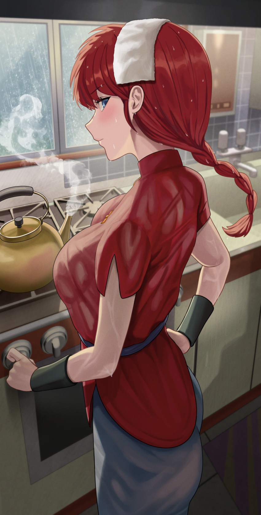 1girl absurdres blue_eyes braid braided_ponytail breasts chinese_clothes commentary_request cooking hand_on_own_hip highres indoors kitchen large_breasts long_hair looking_at_viewer looking_to_the_side ranma-chan ranma_1/2 red_hair red_shirt shirt short_sleeves silvertsuki single_braid solo teapot towel towel_on_head wet wet_hair