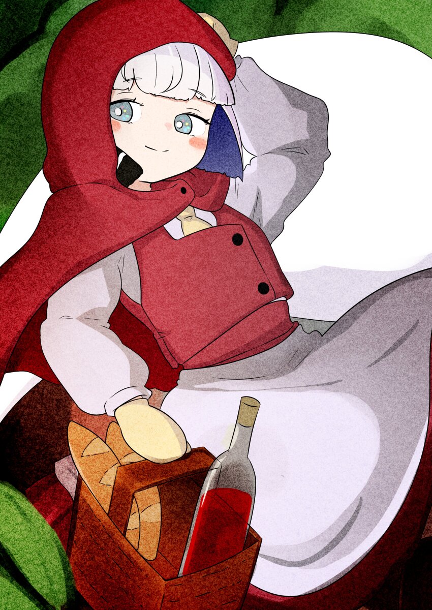 1girl absurdres apron basket black_ribbon blunt_bangs blush_stickers bokudrybone bottle breasts capelet cloak closed_mouth cosplay grey_eyes grey_hair grimm&#039;s_fairy_tales happy highres holding holding_basket konpaku_youmu konpaku_youmu_(ghost) little_red_riding_hood little_red_riding_hood_(grimm) little_red_riding_hood_(grimm)_(cosplay) long_sleeves looking_at_viewer outdoors picnic_basket puffy_sleeves red_capelet red_cloak red_hood red_skirt red_vest ribbon shirt skirt smile solo touhou upper_body vest waist_apron white_apron white_shirt