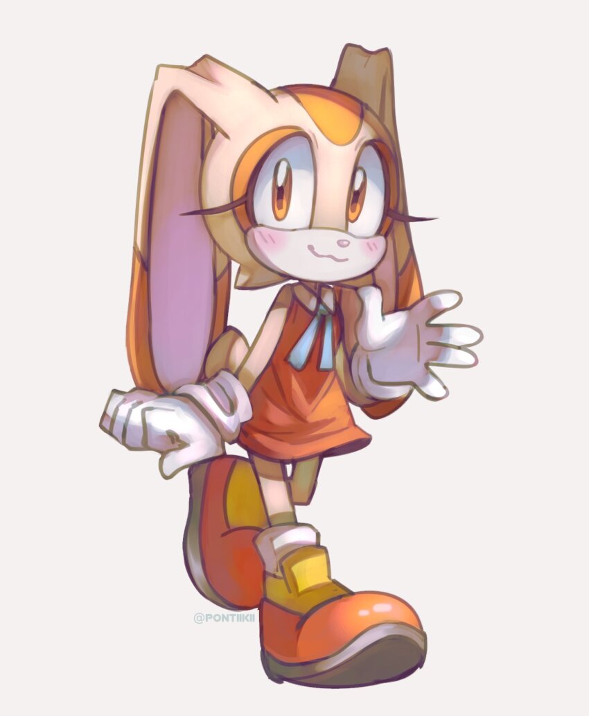 1girl :3 animal_ears blue_necktie blush child commentary cream_the_rabbit dress english_commentary full_body furry furry_female gloves highres looking_at_viewer necktie orange_dress orange_eyes orange_footwear pontiikii rabbit_ears rabbit_girl rabbit_tail shoes simple_background smile solo sonic_(series) standing tachi-e tail walking watermark white_background white_gloves