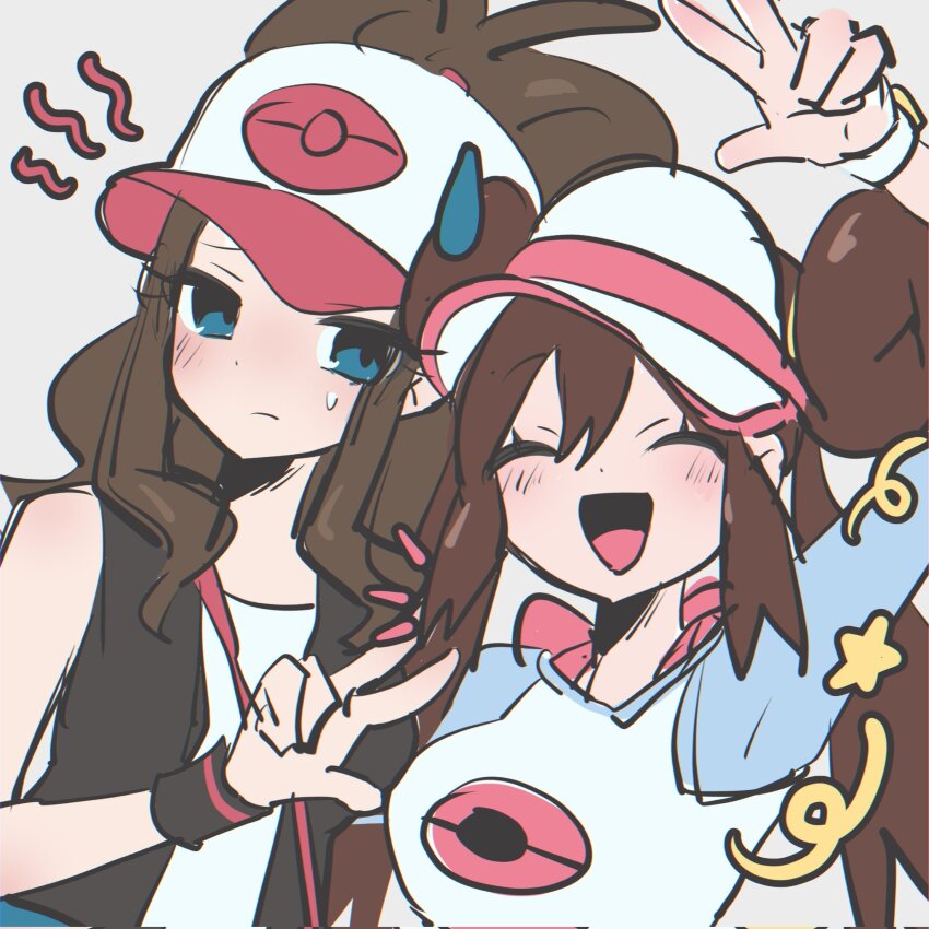 2girls baseball_cap black_vest brown_hair creatures_(company) double_bun donut_hair_bun game_freak hair_bun hat highres hilda_(pokemon) multiple_girls nintendo poke_ball_print pokemon pokemon_bw pokemon_bw2 ponytail qnqn_1020 raglan_sleeves rosa_(pokemon) shirt star_(symbol) sweatdrop twintails vest visor_cap white_background white_shirt wristband