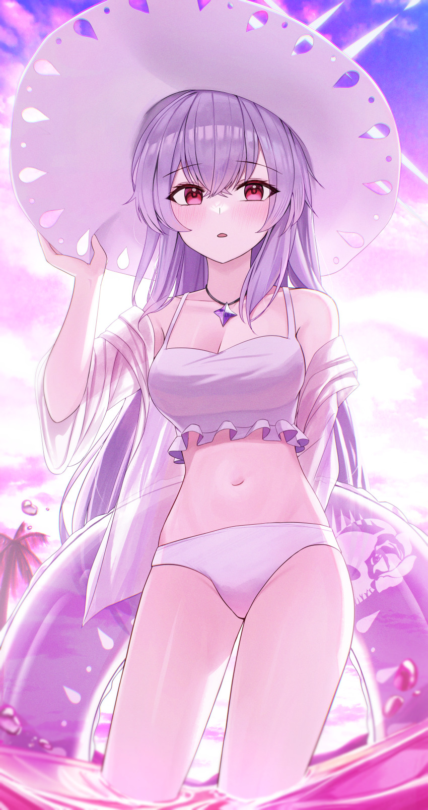 1girl absurdres arch_a4 atsuko_(blue_archive) atsuko_(swimsuit)_(blue_archive) blue_archive breasts cleavage hat highres long_hair looking_at_viewer purple_eyes purple_hair solo swimsuit