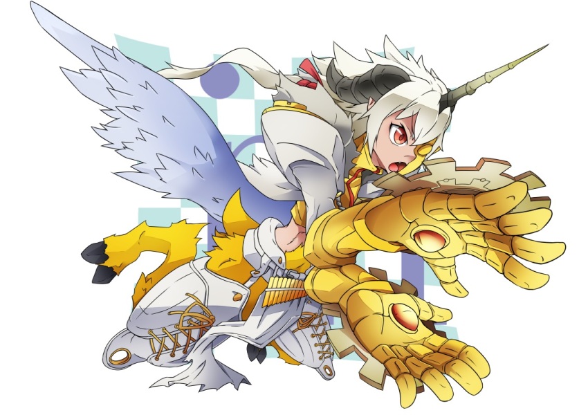 1boy aegiochusmon_holy armor blonde_hair body_fur brown_eyes commentary_request digimon digimon_(creature) feathered_wings full_body goat_boy gold_armor gold_mask grey_wings half_mask long_hair male_focus mask roy_payne solo wings yellow_fur