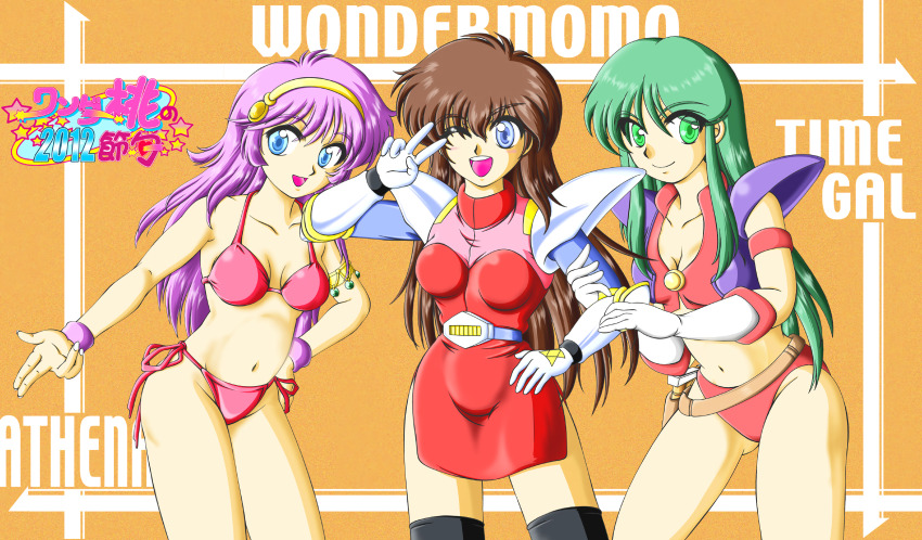 3girls arm_hug athena_(series) bikini blue_eyes breasts brown_hair cleavage crossover gloves green_eyes green_hair hand_on_own_hip highres kanda_momo kirishima_reika large_breasts legs long_hair looking_at_viewer midriff multiple_girls namco navel one_eye_closed panties princess_athena purple_hair red_bikini reika_(time_gal) smile snk swimsuit teeth thighs time_gal tongue underwear v wink wonder_momo