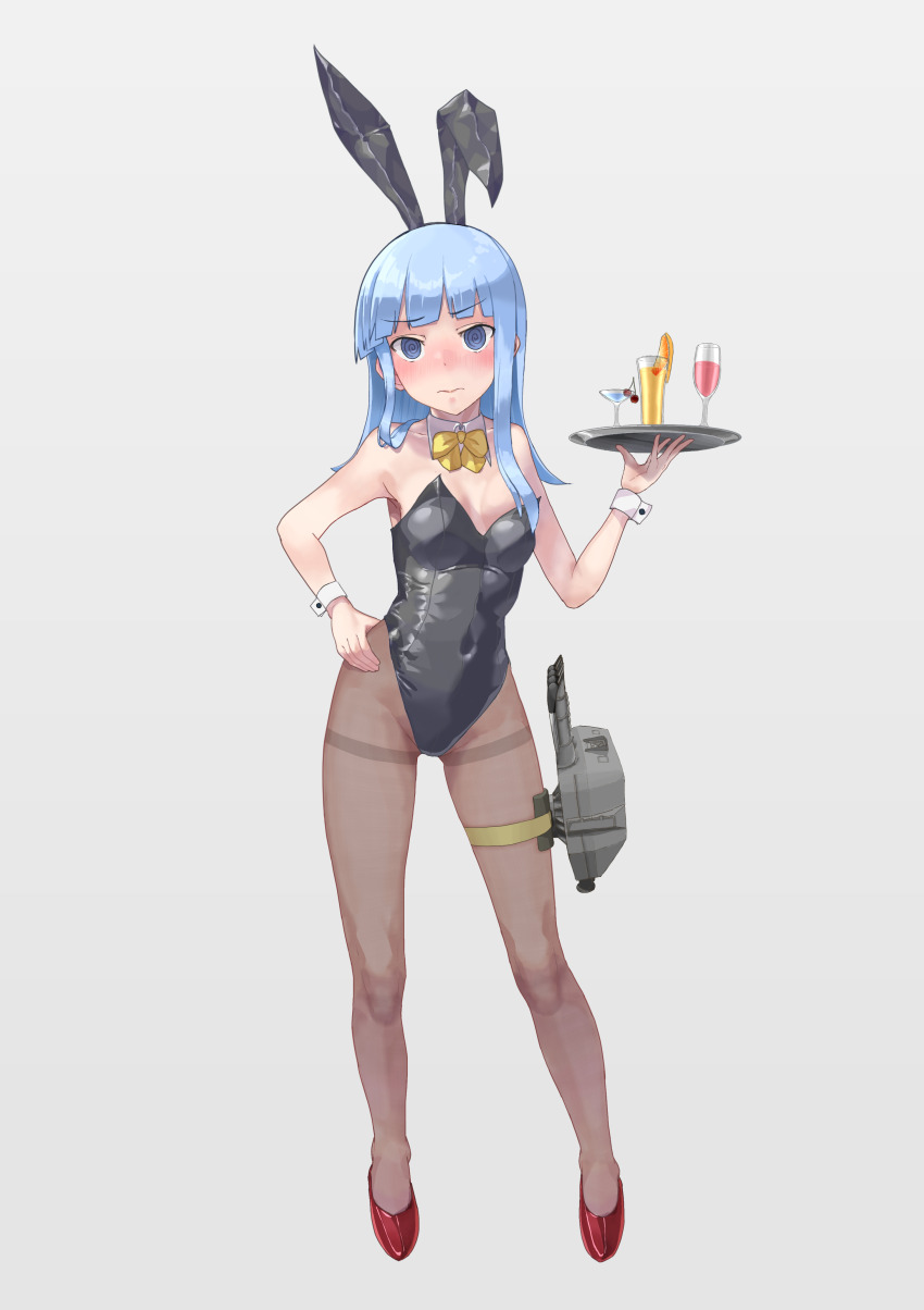 1girl @_@ absurdres adapted_turret animal_ears black_leotard black_pantyhose blue_eyes blue_hair blush bow bowtie breasts cannon covered_navel cup detached_collar drink drinking_glass fake_animal_ears full_body grey_background hand_on_own_hip hatsukaze_(kancolle) high_heels highleg highleg_leotard highres kantai_collection leotard long_hair looking_at_viewer nose_blush pantyhose playboy_bunny rabbit_ears red_footwear ship_turret simple_background small_breasts solo strapless strapless_leotard thighband_pantyhose tray wrist_cuffs yellow_bow yellow_bowtie yuushou