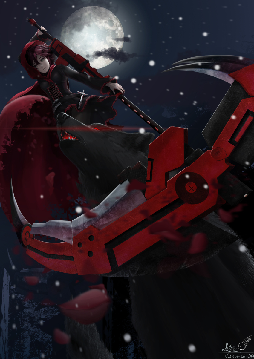 10s 1girl 2013 absurdres beowolf boots cape cloud cross dated dress full_moon grimm_(rwby) highres lepus leung_lik_hang moon night pantyhose petals red_hair rose_petals ruby_rose rwby scythe short_hair signature skirt sky snow weapon wolf