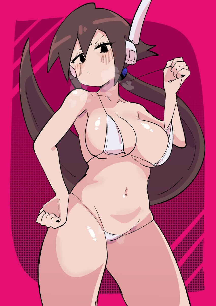 1girl absurdres aile_(mega_man_zx) bikini black_eyes breasts breath brown_hair buzzlyears collarbone cowboy_shot highres large_breasts long_hair mega_man_(series) mega_man_zx mega_man_zx_advent navel pink_background ponytail robot_ears solo swimsuit white_bikini