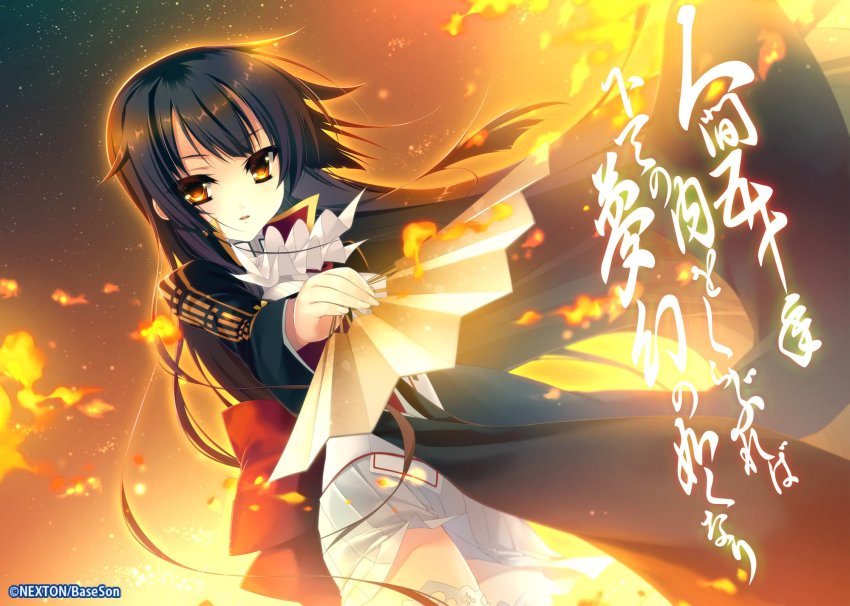 1girl black_hair dutch_angle female_focus fire floating hand_fan highres holding holding_fan katagiri_hinata long_hair looking_at_viewer miniskirt oda_saburo_kuon_nobunaga orange_eyes parted_lips pleated_skirt sengoku_koihime skirt solo very_long_hair white_skirt