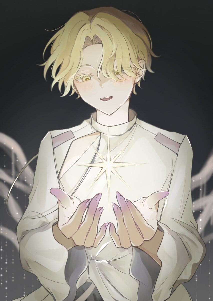 1boy alien_stage blonde_hair clothing_cutout colored_extremities colored_eyelashes commentary highres long_sleeves looking_down luka_(alien_stage) male_focus open_mouth shirt short_hair solo sui3butu symbol-only_commentary upper_body very_short_hair white_shirt yellow_eyes