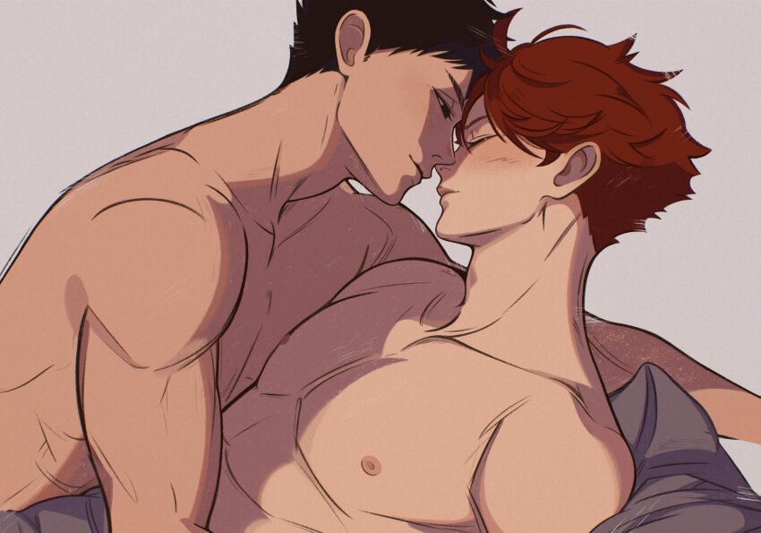 2boys abs black_hair blush brown_hair closed_eyes closed_mouth collarbone commentary couple eyelashes grey_background haikyuu!! highres imminent_kiss iwaizumi_hajime leaning_back looking_at_another male_focus multiple_boys nipples nude oikawa_tooru_(haikyuu!!) pectorals profile short_hair simple_background upper_body yaoi yokomiro_chan