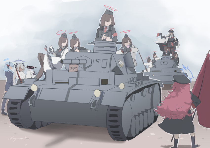 6+girls ako_(blue_archive) blue_archive cellphone dark-skinned_female dark_skin flag gehenna_academy_logo gun halo hat headphones hina_(blue_archive) holding holding_flag holding_phone iori_(blue_archive) iroha_(blue_archive) makoto_(blue_archive) military_vehicle motor_vehicle multiple_girls pandemonium_society_(blue_archive) panzer_iii peaked_cap phone rifle shougun_(chuckni1) smartphone submachine_gun tank weapon