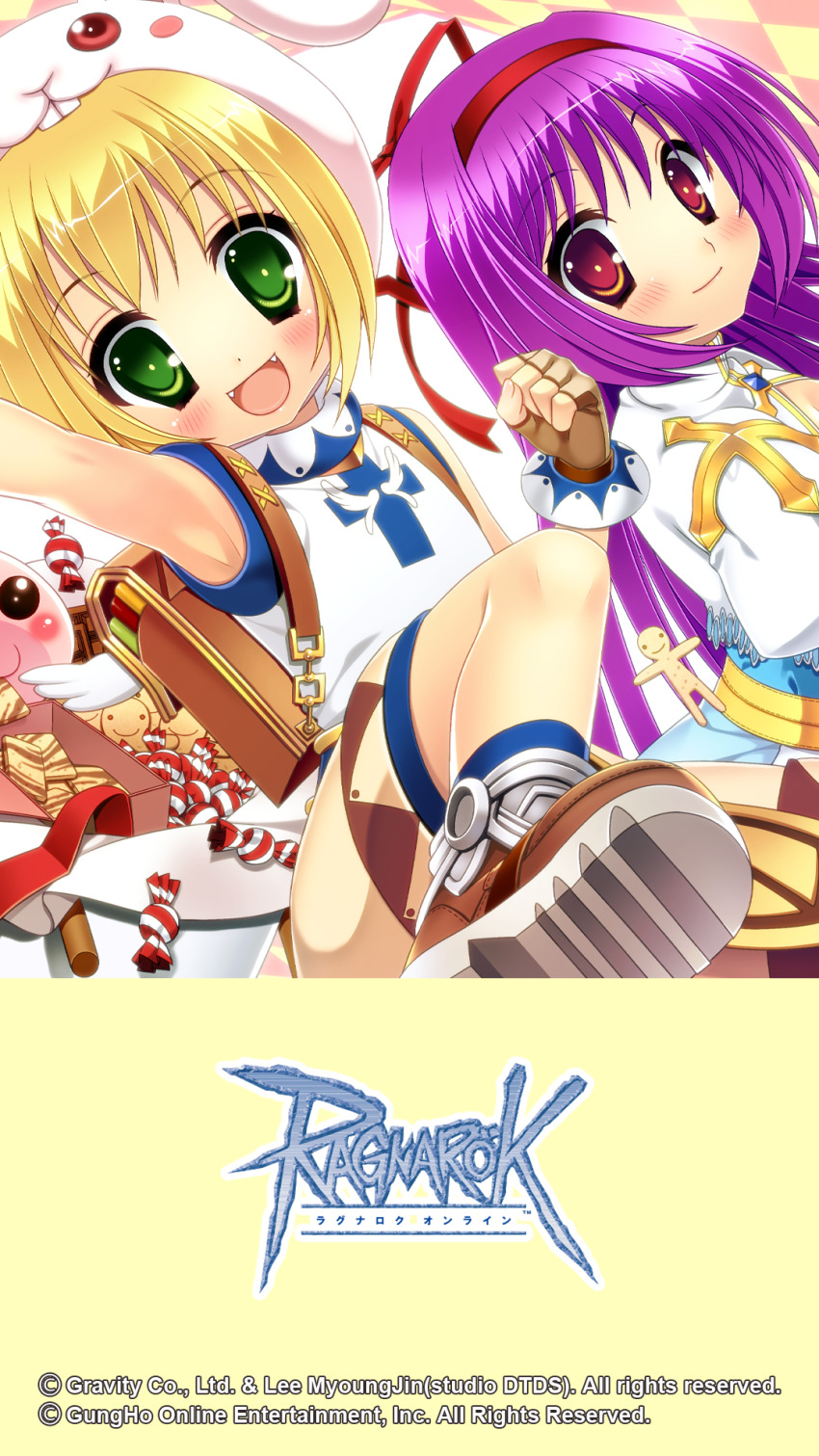 2girls animal_hat arch_bishop_(ragnarok_online) arm_up armpits backpack bag blonde_hair blue_dress blue_shirt blush brown_bag brown_eyes brown_footwear brown_gloves brown_shorts candy checkered_background clenched_hand closed_mouth cookie copyright_notice cross cross_print dress eating fangs fingerless_gloves flat_chest food foot_out_of_frame gingerbread_man gloves green_eyes guest_art hair_ribbon hairband hat highres juliet_sleeves logo long_hair long_sleeves looking_at_viewer minatsuki_alumi multiple_girls official_art official_wallpaper open_mouth poring puffy_sleeves purple_hair rabbit_hat ragnarok_online red_hairband red_ribbon ribbon sash shirt shoes short_hair shorts sleeveless sleeveless_shirt slime_(creature) smile super_novice_(ragnarok_online) turtleneck turtleneck_shirt two-tone_dress two-tone_shirt white_dress white_shirt wrapped_candy yellow_background yellow_sash