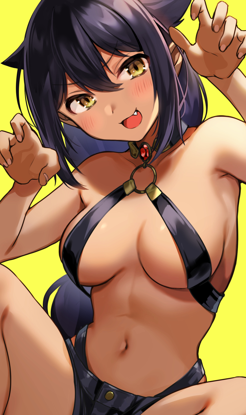 1girl black_hair black_shorts blush breasts choker choker_jewel claw_pose dark-skinned_female dark_skin fang hair_between_eyes hair_flaps highres jahy jahy-sama_wa_kujikenai! long_hair looking_at_viewer medium_breasts navel nishizawa o-ring o-ring_top open_mouth revealing_clothes short_shorts shorts simple_background solo stomach yellow_background yellow_eyes