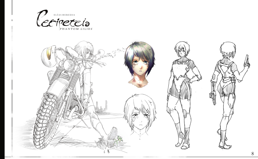 1girl ammunition_pouch android aqua_eyes aqua_hair armor armored_leotard artist_name ass black_bodysuit bodysuit bodysuit_under_clothes boots breastplate character_sheet cigarette concept_art crying crying_with_eyes_open cyberpunk dual_wielding english_text flower full_body gun hair_ornament hairclip handgun helmet highres holding holding_cigarette holding_gun holding_weapon holster leotard lily_(flower) marie_(peripeteia) mechanical_hands mechanical_legs motor_vehicle motorcycle motorcycle_helmet multiple_views on_motorcycle outdoors page_number partially_colored pavement peripeteia pouch pygmy_kun short_hair sketch skin_tight standing tears unworn_headwear unworn_helmet weapon white_background