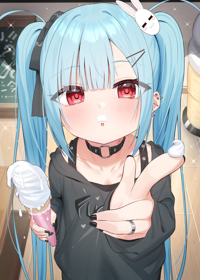 1girl :o black_bow black_collar black_nails blue_hair blush bow collar collarbone commentary_request ear_piercing food food_on_face food_on_hand grey_hoodie hair_bow hair_ornament hairclip highres holding holding_food hood hood_down hoodie ice_cream ice_cream_cone jewelry kanae_(tsukiman) long_hair long_sleeves looking_at_viewer nail_polish o-ring_collar original parted_lips piercing puffy_long_sleeves puffy_sleeves rabbit_hair_ornament red_eyes ring sleeves_past_wrists soft_serve solo tsukiman twintails upper_body very_long_hair