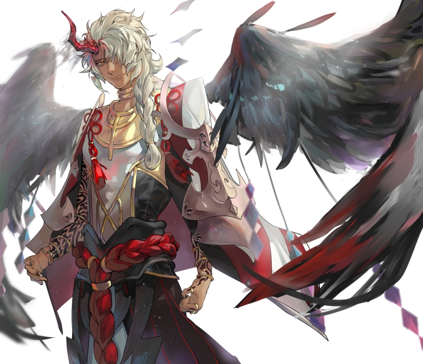 1boy 45662312 arm_tattoo black_wings braid dark-skinned_male dark_skin demon demon_boy demon_horns fate/grand_order fate_(series) feathered_wings feathers feet_out_of_frame highres horns jewelry light_particles light_smile long_hair looking_at_viewer male_focus multiple_rings red_horns ring simple_background single_horn smile solo solomon_(fate) tattoo type-moon very_long_hair white_background white_hair wings yellow_eyes