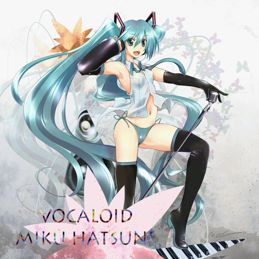 1girl aqua_eyes aqua_hair clothes_lift detached_sleeves elbow_gloves female_focus gloves hatsune_miku headphones long_hair microphone microphone_stand midriff navel necktie no_pants onaya_masakazu open_mouth panties piano_keys shirt_lift side-tie_panties smile solo thighhighs twintails underwear very_long_hair vocaloid wind wind_lift