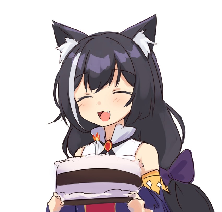 1girl :3 :d ^_^ absurdres animal_ear_fluff animal_ears bare_shoulders bow cake cat_ears cat_girl closed_eyes commentary english_commentary facing_viewer food hair_bow highres holding holding_cake holding_food karyl_(princess_connect!) klaius long_hair low-tied_long_hair open_mouth princess_connect! purple_bow simple_background smile solo upper_body white_background