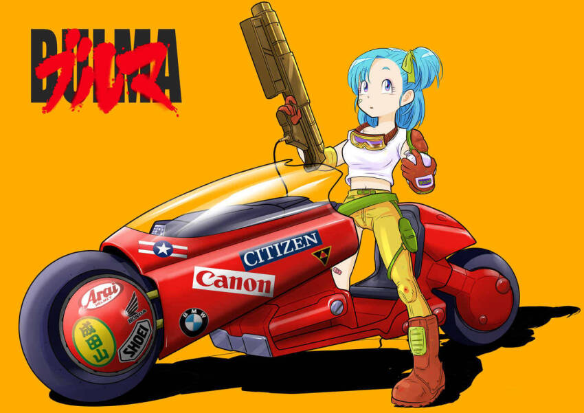 1girl akira_(manga) aqua_hair armor asymmetrical_hair bandaid bandaid_on_cheek bandaid_on_face belt blue_eyes boots brand_name_imitation breasts brown_footwear brown_gloves bulma character_name commentary_request crop_top dragon_ball dragon_ball_(classic) dragon_radar energy_gun finger_on_trigger full_body gloves goggles goggles_around_neck green_belt green_ribbon gun hair_ribbon holding holding_gun holding_weapon kaneda_shoutarou&#039;s_bike laser_rifle leather leather_gloves medium_breasts medium_hair midriff motor_vehicle motorcycle on_motorcycle one_side_up orange_background pants pauldrons pouch product_placement purple-tinted_eyewear ribbon scene_reference shirt shoulder_armor single_pauldron solo t-shirt thigh_pouch tinted_eyewear weapon yellow_pants yuichi_ishikawa