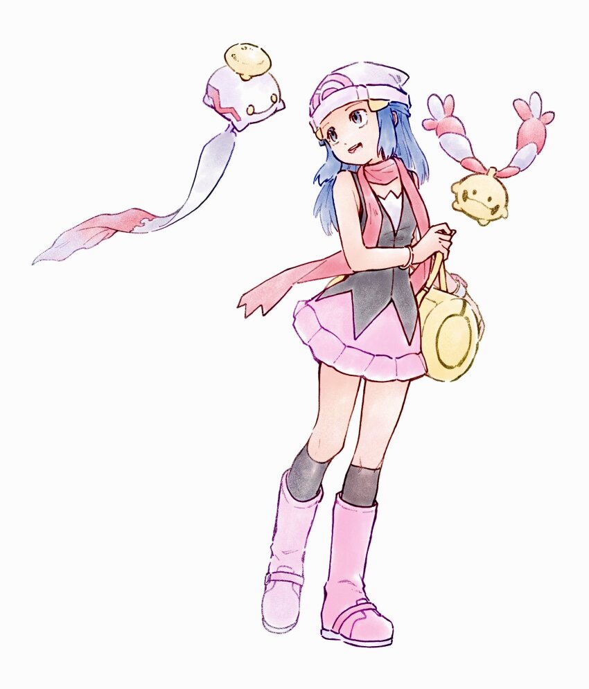 1girl absurdres bag beanie blue_hair boots bracelet chimecho chingling commentary creatures_(company) dawn_(pokemon) duffel_bag evolutionary_line game_freak gen_3_pokemon gen_4_pokemon hair_ornament hairclip hat highres holding jewelry kneehighs knees long_hair looking_to_the_side nintendo pink_boots pink_scarf pink_skirt pokemon pokemon_(creature) pokemon_dppt scarf shirt sidelocks simple_background skirt sleeveless sleeveless_shirt socks symbol-only_commentary tan_carbonnn white_background yellow_bag