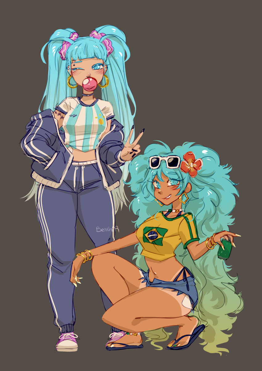 2girls absurdres alternate_form aqua_eyes aqua_hair argentinian_flag argentinian_flag_print argentinian_miku artist_request bikini bikini_under_clothes blue_shorts brazilian_flag brazilian_flag_print brazilian_miku breasts bright_pupils chewing_gum dark-skinned_female dark_skin denim denim_shorts ear_piercing eyewear_on_head fingernails flag_print flip-flops flower flower_on_head full_body hair_flower hair_ornament hatsune_miku highres long_hair looking_at_viewer multiple_girls open_clothes piercing sandals shirt short_shorts shorts simple_background smug sportswear squatting standing sunglasses sunglasses_on_head swimsuit tan thong_bikini twintails undressing upper_body v very_long_hair vocaloid white-framed_eyewear white_pupils yellow_shirt