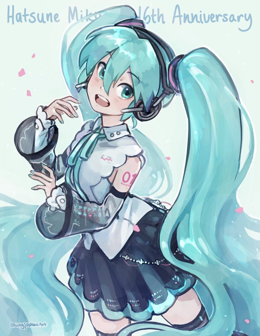 1girl anniversary aqua_eyes aqua_hair aqua_ribbon black_skirt black_sleeves black_thighhighs character_name commentary_request cowboy_shot dancing detached_sleeves falling_petals green_background hair_between_eyes hatsune_miku hatsune_miku_(nt) headphones highres kingjoshua long_hair looking_at_viewer neck_ribbon number_tattoo open_mouth petals piapro pink_petals pleated_skirt ribbon see-through_clothes see-through_sleeves shirt shoulder_tattoo skirt sleeveless sleeveless_shirt smile solo tattoo teeth thighhighs twintails twitter_username upper_teeth_only very_long_hair vocaloid white_shirt