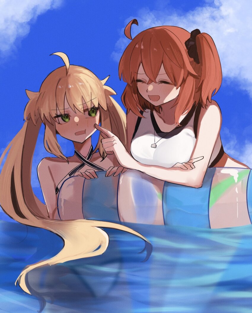 710_ao afloat ahoge artoria_caster_(fate) artoria_caster_(swimsuit_berserker)_(fate) artoria_caster_(swimsuit_berserker)_(first_ascension)_(fate) artoria_pendragon_(fate) bikini bikini_bottom_only blonde_hair breasts cheek_poking cloud fate/grand_order fate_(series) fujimaru_ritsuka_(female) green_eyes hand_on_another&#039;s_cheek hand_on_another&#039;s_face highres jewelry medium_breasts medium_hair necklace open_mouth orange_hair poking scrunchie side_ponytail sky smile swimsuit twintails