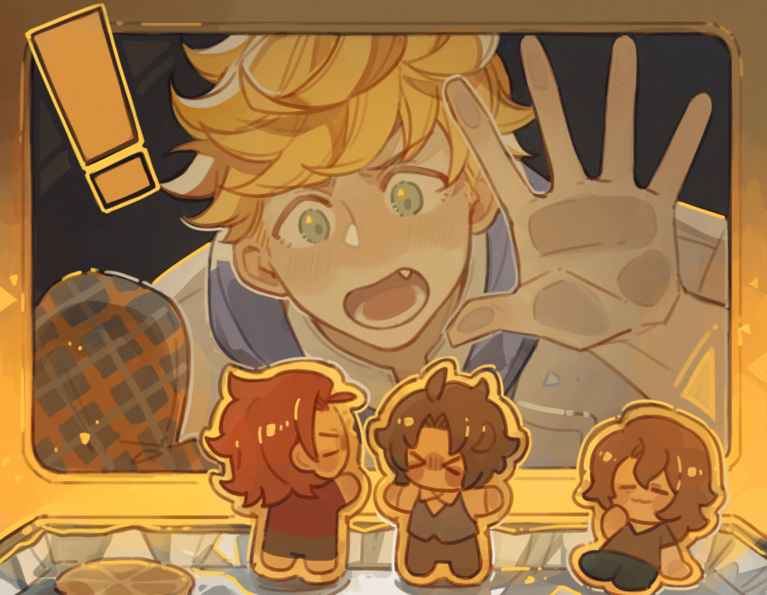 ! 4boys against_glass black_hair blonde_hair brown_hair chibi cookie food granblue_fantasy lancelot_(granblue_fantasy) long_hair luminous_slime male_focus microwave mittens multiple_boys open_mouth percival_(granblue_fantasy) red_hair short_hair siegfried_(granblue_fantasy) vane_(granblue_fantasy)