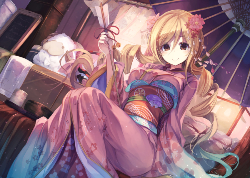 10s 1girl arrow_(projectile) bell blonde_hair blush bowl cup drill_hair fal_maro female_focus flower hair_flower hair_ornament hamaya japanese_clothes jingle_bell kimono long_hair looking_at_viewer mahou_shoujo_madoka_magica mahou_shoujo_madoka_magica_(anime) new_year obi oil-paper_umbrella sash sitting smile solo stuffed_animal stuffed_sheep stuffed_toy tomoe_mami twin_drills twintails umbrella very_long_hair yellow_eyes