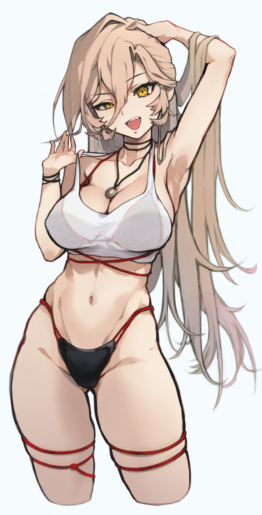 1girl absurdres akechi_(akechi_5416) armpits bikini black_bikini bra breasts cleavage collarbone commentary_request cowboy_shot cropped_legs groin hair_between_eyes halterneck highres jewelry light_brown_hair linea_alba long_bangs long_hair long_hair_between_eyes medium_breasts navel necklace nijisanji nui_sociere open_mouth simple_background solo strap_lift swimsuit teeth thigh_strap underwear upper_teeth_only very_long_hair virtual_youtuber white_background white_bra yellow_eyes