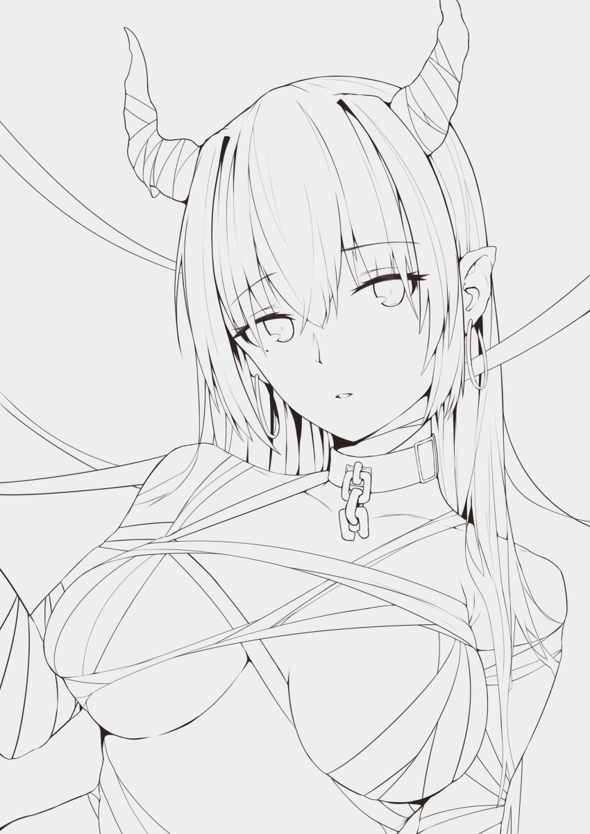 1girl absurdres bandages breasts chain collar collarbone demon_girl earrings grain hair_between_eyes highres hoop_earrings horns jewelry lineart long_hair looking_to_the_side no_bra original painttool_sai parted_lips pointy_ears skindentation solo tan