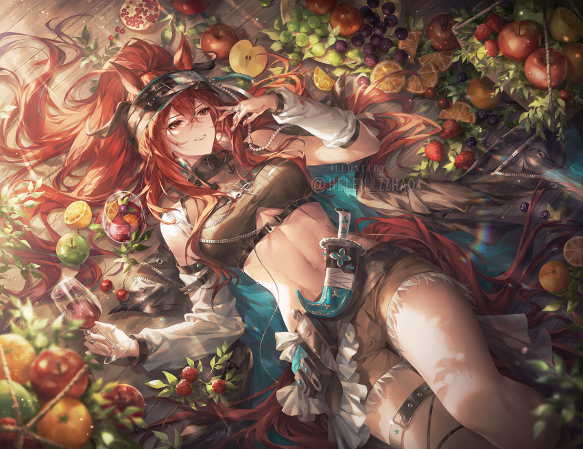 1girl animal_ears apple arknights arm_warmers beads belt belt_buckle black_belt breasts brown_shorts buckle commentary cowboy_shot crop_top crossed_bangs cup drink drinking_glass english_commentary food fruit glint hair_between_eyes hair_flowing_over helen_zzhao highres holding leaf lens_flare light_particles long_hair lying medium_breasts midriff narantuya_(arknights) navel on_back orange_(fruit) orange_slice red_eyes red_hair red_tail sheath sheathed short_shorts shorts smile solo strawberry tail thigh_belt thigh_strap watermark white_arm_warmers